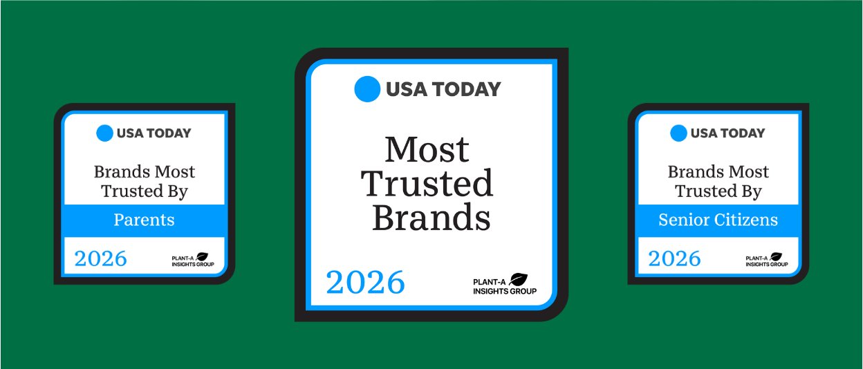 The image displays three USA TODAY 2026 Most Trusted Brands award badges, including the overall Most Trusted Brands recognition and category-specific badges for Parents and Senior Citizens.